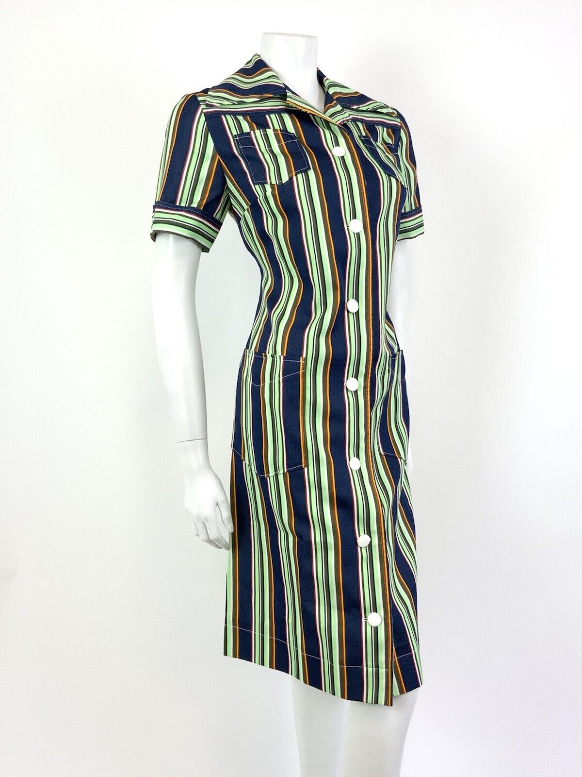 VINTAGE 60s 70s GREEN BLUE WHITE RED STRIPED MOD DAGGER COLLAR SHIRT DRESS 12