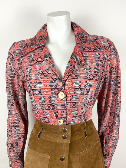 VINTAGE 60s 70s RED BLUE WHITE GEOMETRIC MOD DAGGER COLLAR SHIRT BLOUSE 16 18