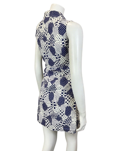VINTAGE 60s 70s NAVY BLUE WHITE PATCHWORK PSYCHEDELIC MOD DAGGER SHIRT DRESS 10