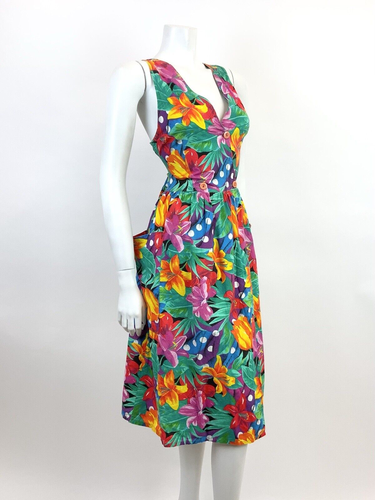 VINTAGE 70s 80s GREEN PURPLE YELLOW FLORAL LILY JUNGLE WRAP DRESS 12