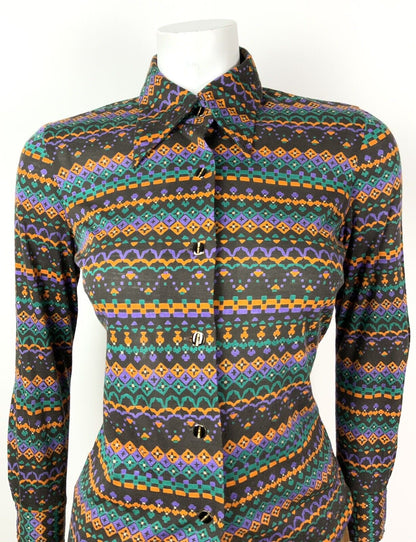 VINTAGE 60s 70s BROWN PURPLE ORANGE GREEN GEOMETRIC AZTEC DAGGER SHIRT 10 12