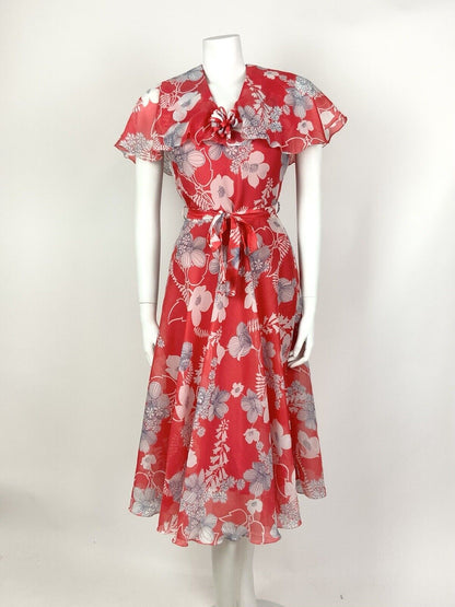 VINTAGE 60s 70s RED WHITE BLUE FLORAL CAPE SLEEVE SHEER SUMMER DRESS 8 10