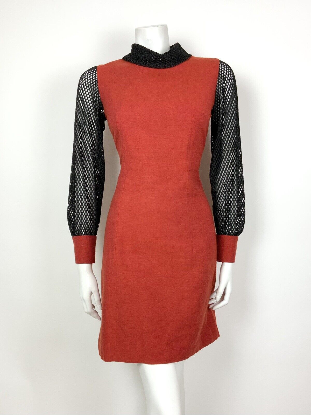 VINTAGE 60s 70s RUST RED BLACK GLITTER MESH FITTED DRESS 8