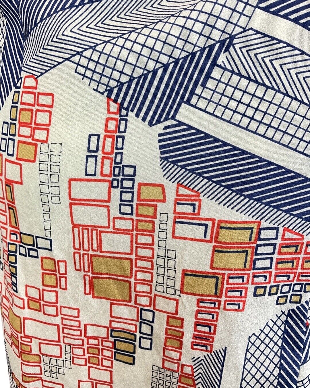 VINTAGE 60s 70s WHITE BLUE RED GEOMETRIC SQUARE PUSSYBOW SHIRT DRESS 12 14