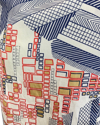 VINTAGE 60s 70s WHITE BLUE RED GEOMETRIC SQUARE PUSSYBOW SHIRT DRESS 12 14