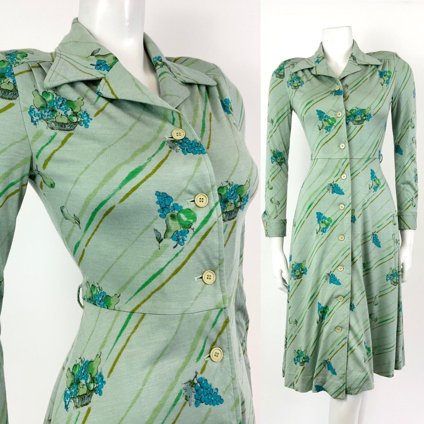 VTG 60s 70s GREEN BLUE YELLOW STRIPED FRUIT GRAPES MOD DAGGER SHIRT DRESS 8 10