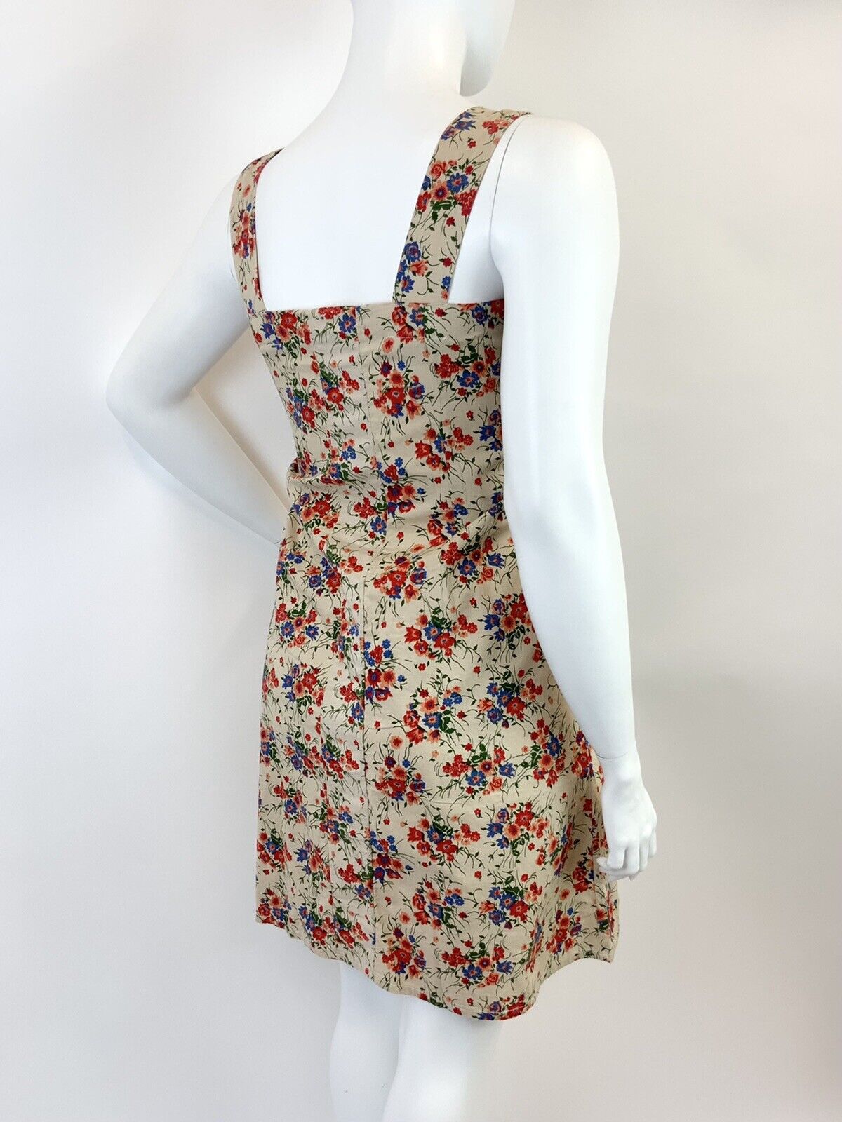 VTG 60s 70s BEIGE RED BLUE GREEN FLORAL VINE BOHO APRON PINAFORE SUMMER DRESS 14