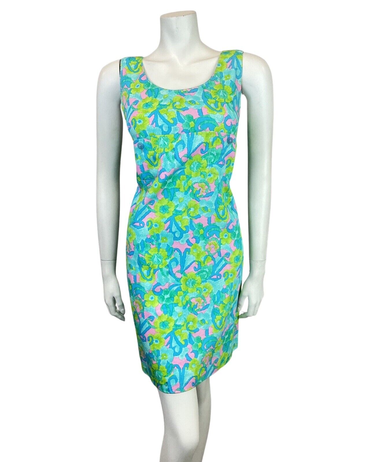 VINTAGE 60s 70s BLUE GREEN PINK PSYCHEDELIC SUMMER PINAFORE A-LINE DRESS 8