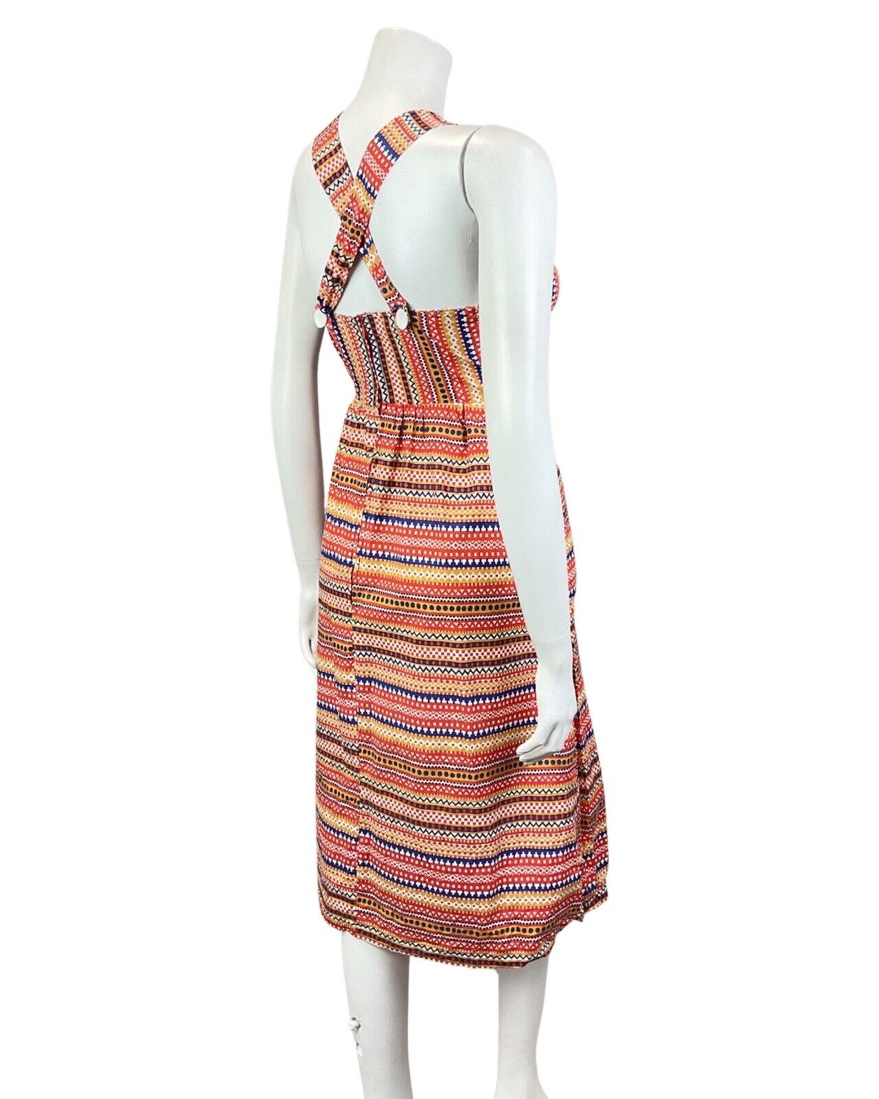 VINTAGE 60s 70s RED BLUE GOLD STRIPED GEOMETRIC DOTTY APRON SUMMER DRESS 6