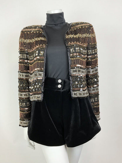 VTG 70s BLACK BRONZE SILVER DECO STRIPED BEADED SEQUIN PARTY TROPHY JACKET 8 10