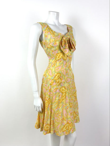 VINTAGE 60s 70s YELLOW ORANGE PINK FLORAL PSYCHEDELIC V-NECK PLEATED DRESS 10