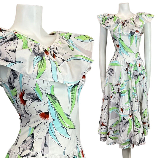 VINTAGE 60s 70s WHITE GREEN BLACK FLORAL LEAFY SLEEVELESS SUMMER SWING DRESS 6