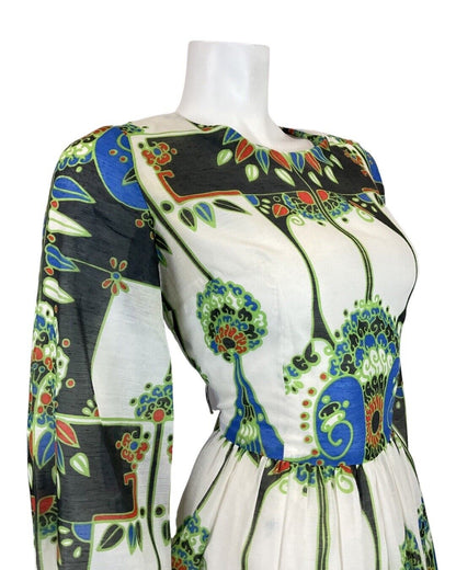 VINTAGE 60s 70s WHITE BLACK GREEN FLORAL NOUVEAU LONG-SLEEVE SWING DRESS 8