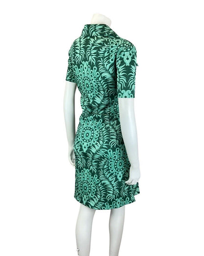 VINTAGE 60s 70s EMERALD GREEN PSYCHEDELIC MANDALA FLORAL DAGGER SHIRT DRESS 16
