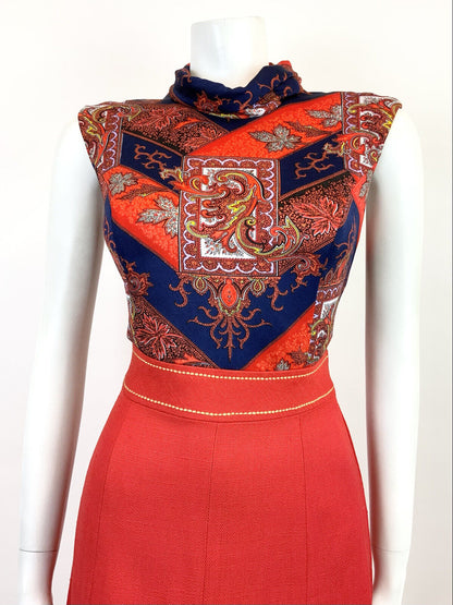VINTAGE 60s 70s RED BLUE FLORAL BAROQUE TURTLENECK SLEEVELESS MOD DRESS 10