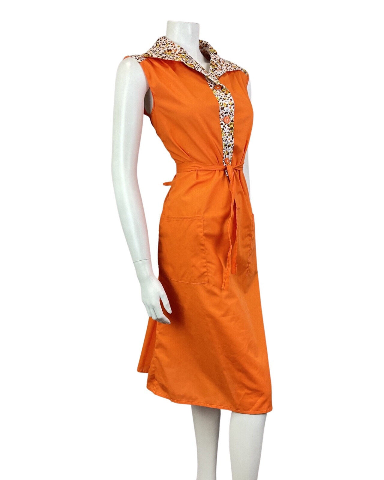 VINTAGE 60s 70s ORANGE YELLOW BROWN FLORAL LEAFY SLEEVELESS SHIRT DRESS 12 14