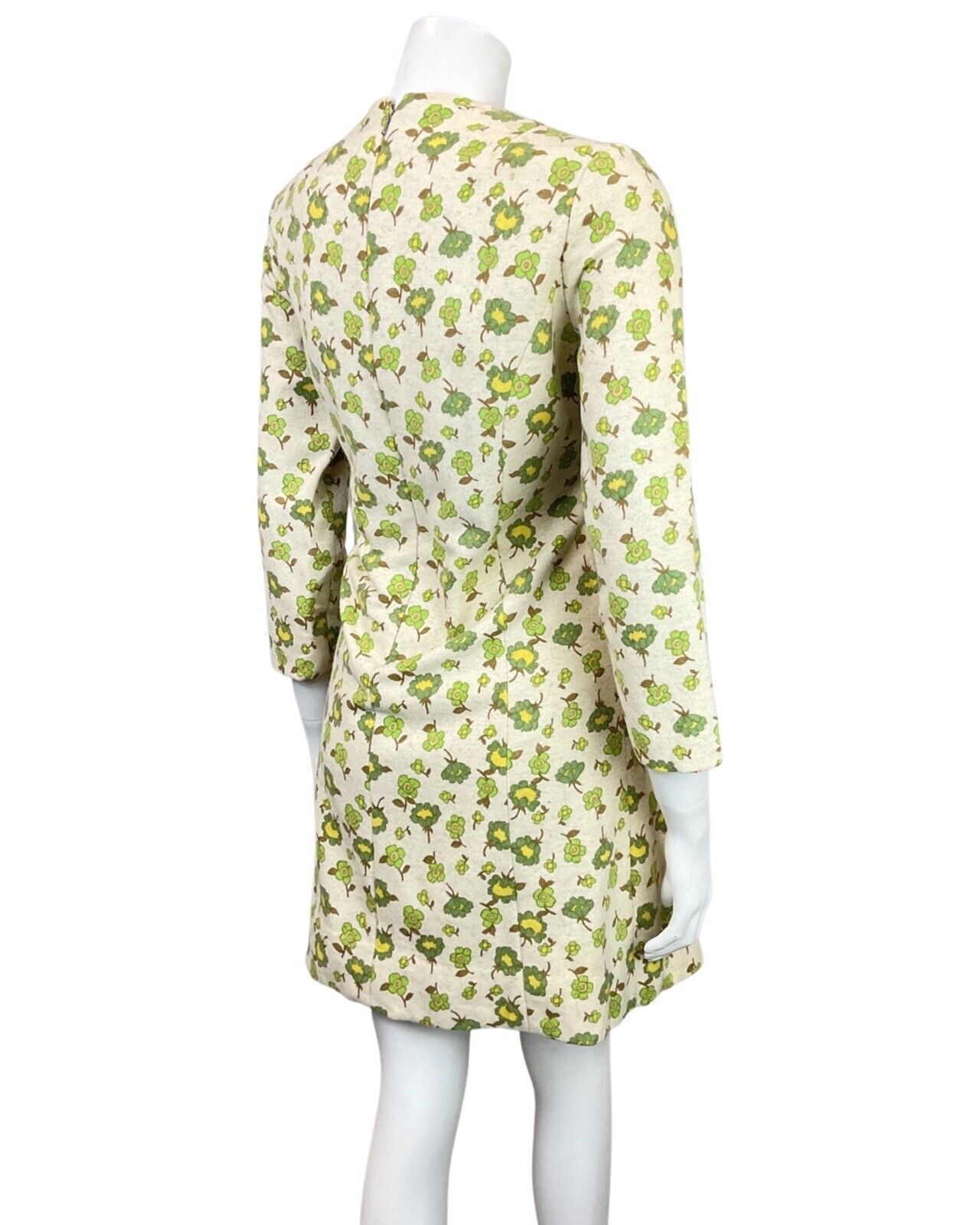 VINTAGE 60s 70s CREAM GREEN YELLOW FLORAL LEAFY DAISY MOD WOOL SHIFT DRESS 10 12