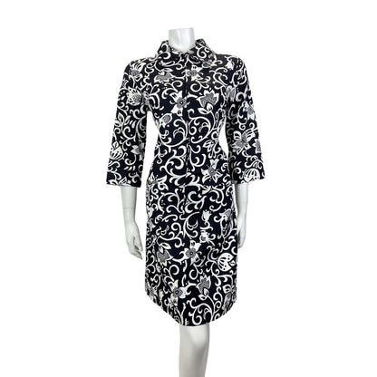 VINTAGE 60s 70s BLACK WHITE PSYCHEDELIC FLORAL SWIRL VINE MOD SHIRT DRESS 12 14