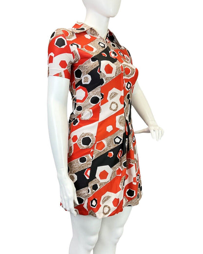 VTG 60s 70s RED WHITE BROWN BLACK GEOMETRIC ZIP-UP MOD SPOON SHIRT DRESS 14 16