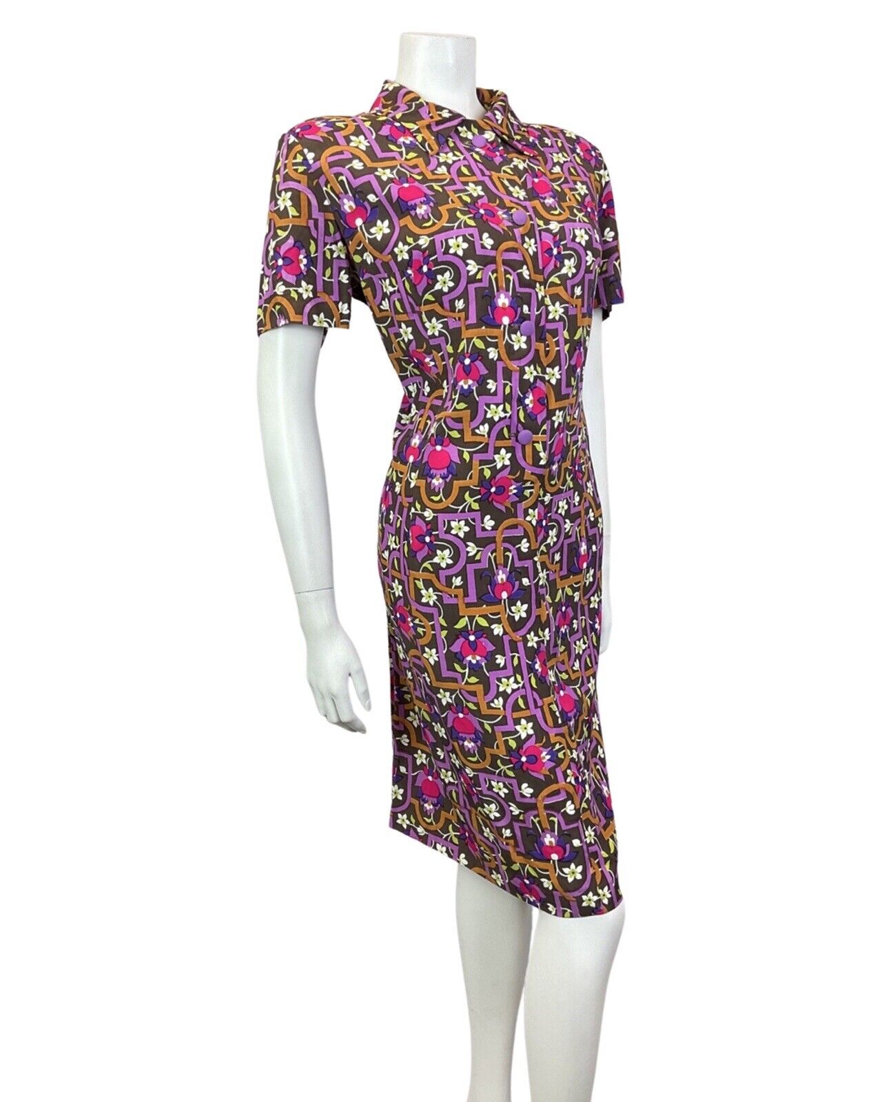 VINTAGE 60s 70s BROWN PURPLE WHITE GEOMETRIC FLORAL SHIRT DRESS 16 18