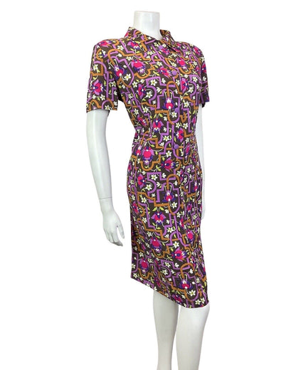 VINTAGE 60s 70s BROWN PURPLE WHITE GEOMETRIC FLORAL SHIRT DRESS 16 18