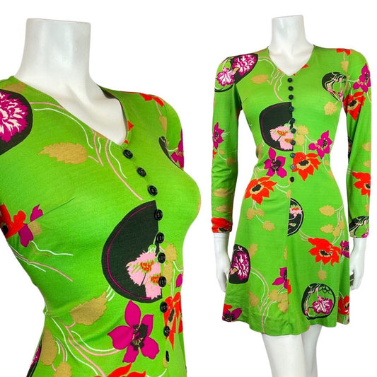 VINTAGE 60s 70s GREEN RED BLACK FLORAL BUTTON-UP SKATER SWING DRESS 8 10