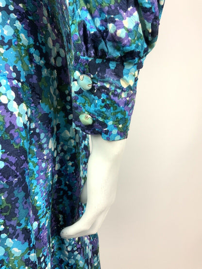 VINTAGE 60s 70s BLUE GREEN PURPLE PSYCHEDELIC FLORAL BUBBLE SHIRT DRESS 10