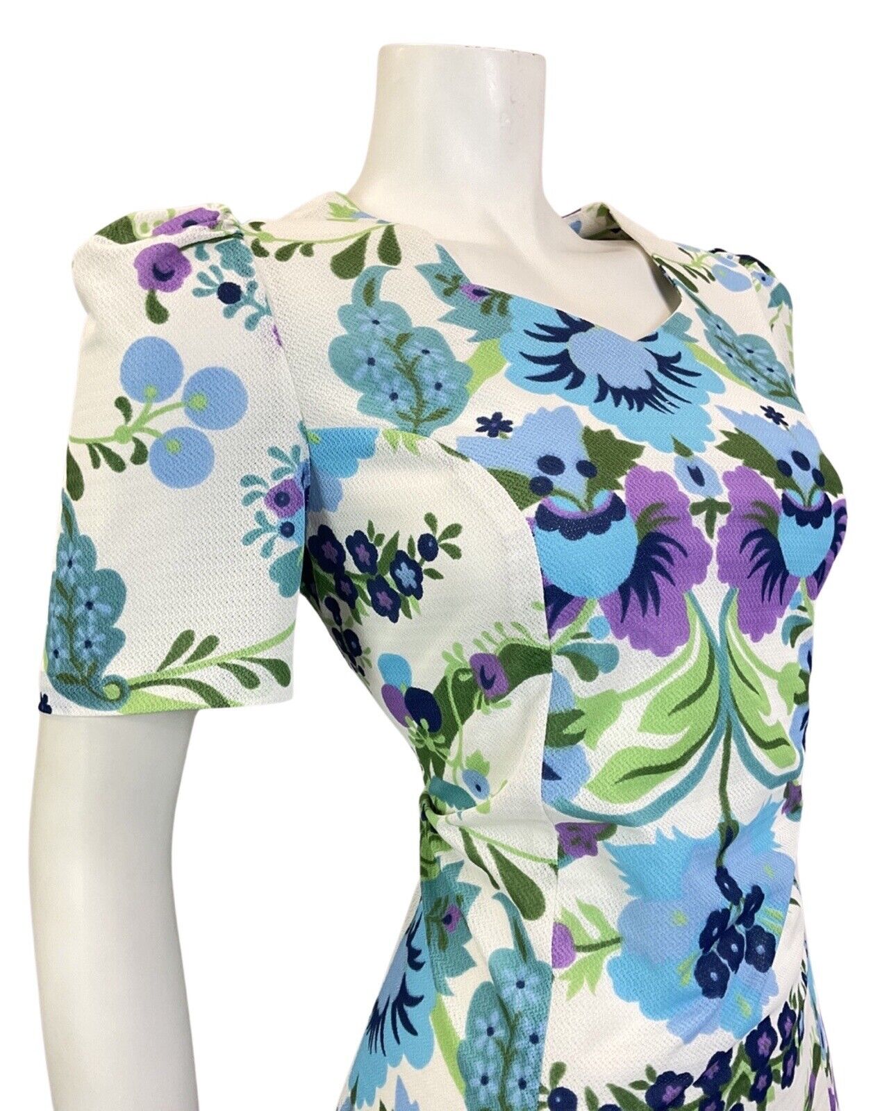 VINTAGE 60s 70s WHITE BLUE GREEN FLORAL LEAFY MOD SUMMER SHORT DRESS 14 16