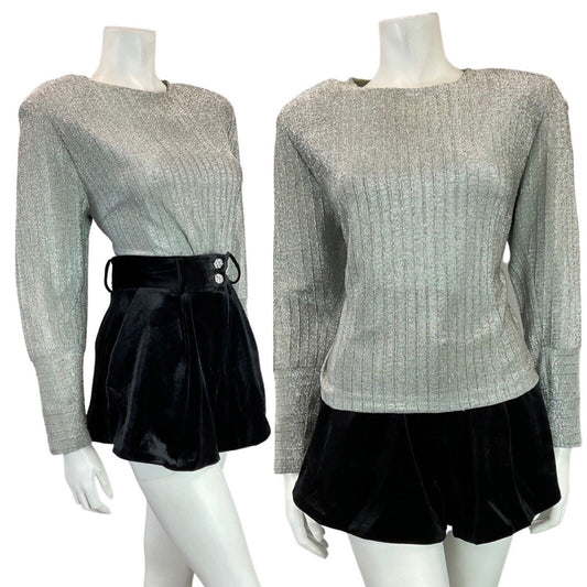 VINTAGE 60s 70s SILVER DISCO PARTY LUREX LONG-SLEEVE BLOUSE TOP 14 16