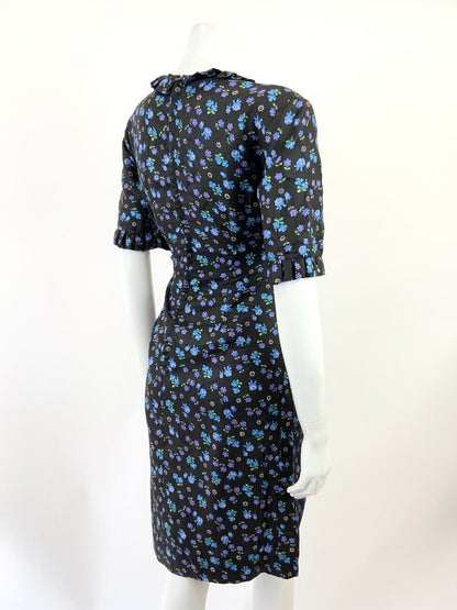 VINTAGE 60s 70s BLACK BLUE PURPLE FLORAL ROSE DAISY FITTED WIGGLE DRESS 10 12