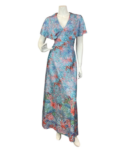 VINTAGE 60s 70s BLUE RED PEACH PSYCHEDELIC PALM LEAF FLORAL CAPED MAXI DRESS 14
