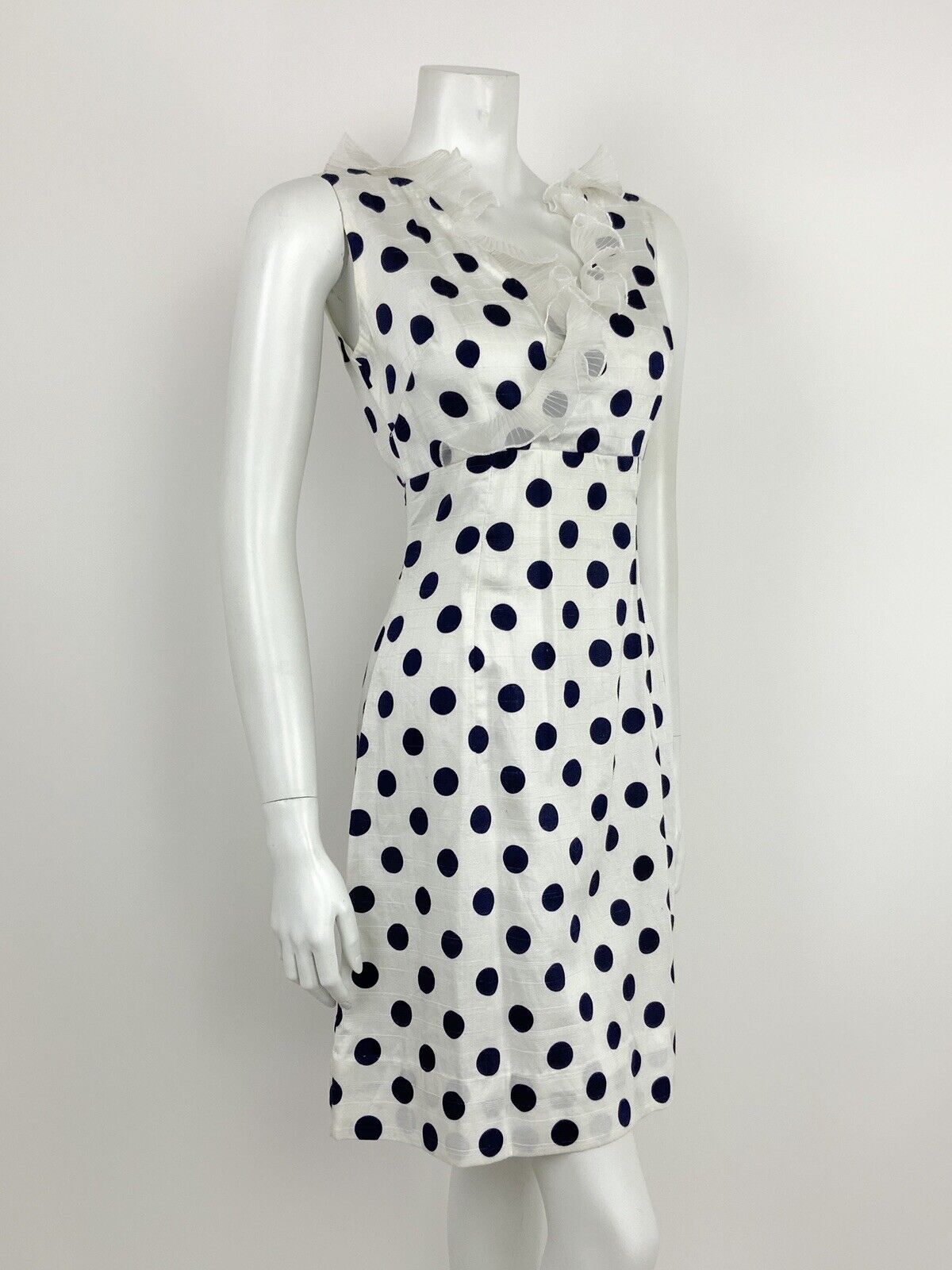 VTG 60s 70s NAVY BLUE WHITE POLKA DOT FLOUNCE RUFFLE EMPIRE MOD DRESS 10 12