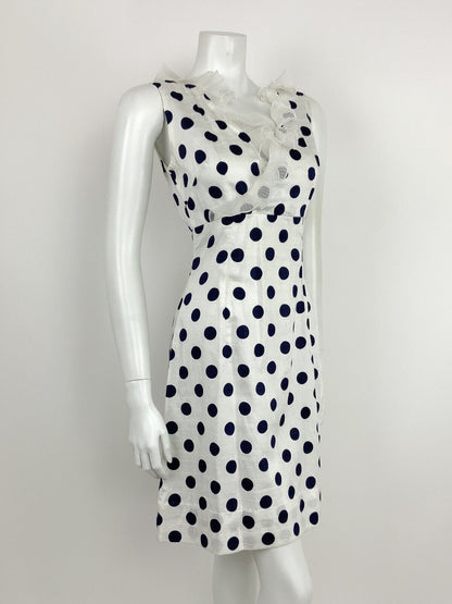 VTG 60s 70s NAVY BLUE WHITE POLKA DOT FLOUNCE RUFFLE EMPIRE MOD DRESS 10 12