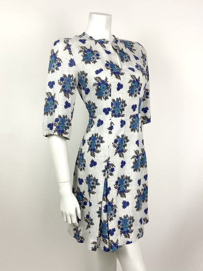 VINTAGE 60s 70s GREY NAVY BLUE FLORAL BOUQUET COTTON DRESS 10
