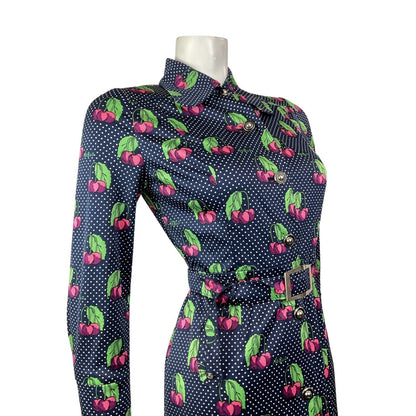 VINTAGE 70s STYLE 90s BLUE WHITE PINK POLKA-DOT CHERRY DAGGER SHIRT DRESS 8 10