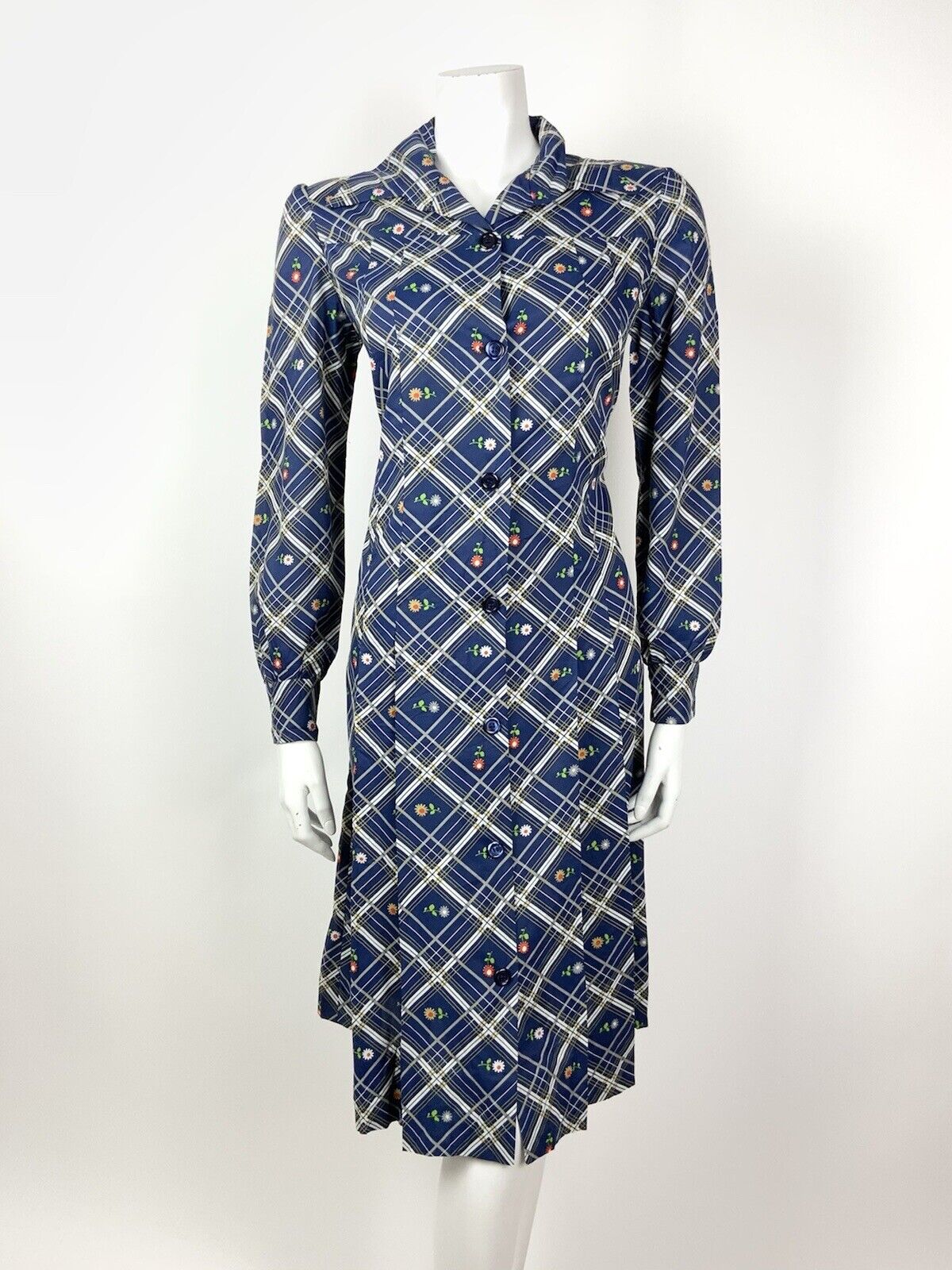 VTG 60s 70s BLUE WHITE SILVER RED PLAID CHECKED DAISY FLORAL SHIRT DRESS 12 14