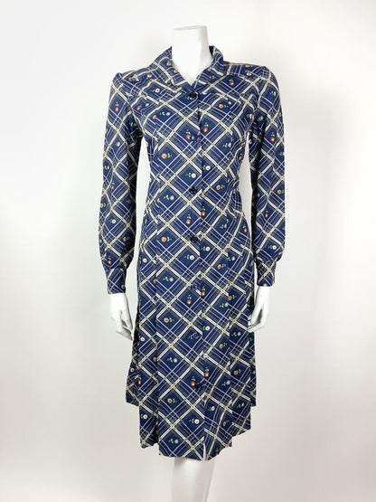 VTG 60s 70s BLUE WHITE SILVER RED PLAID CHECKED DAISY FLORAL SHIRT DRESS 12 14