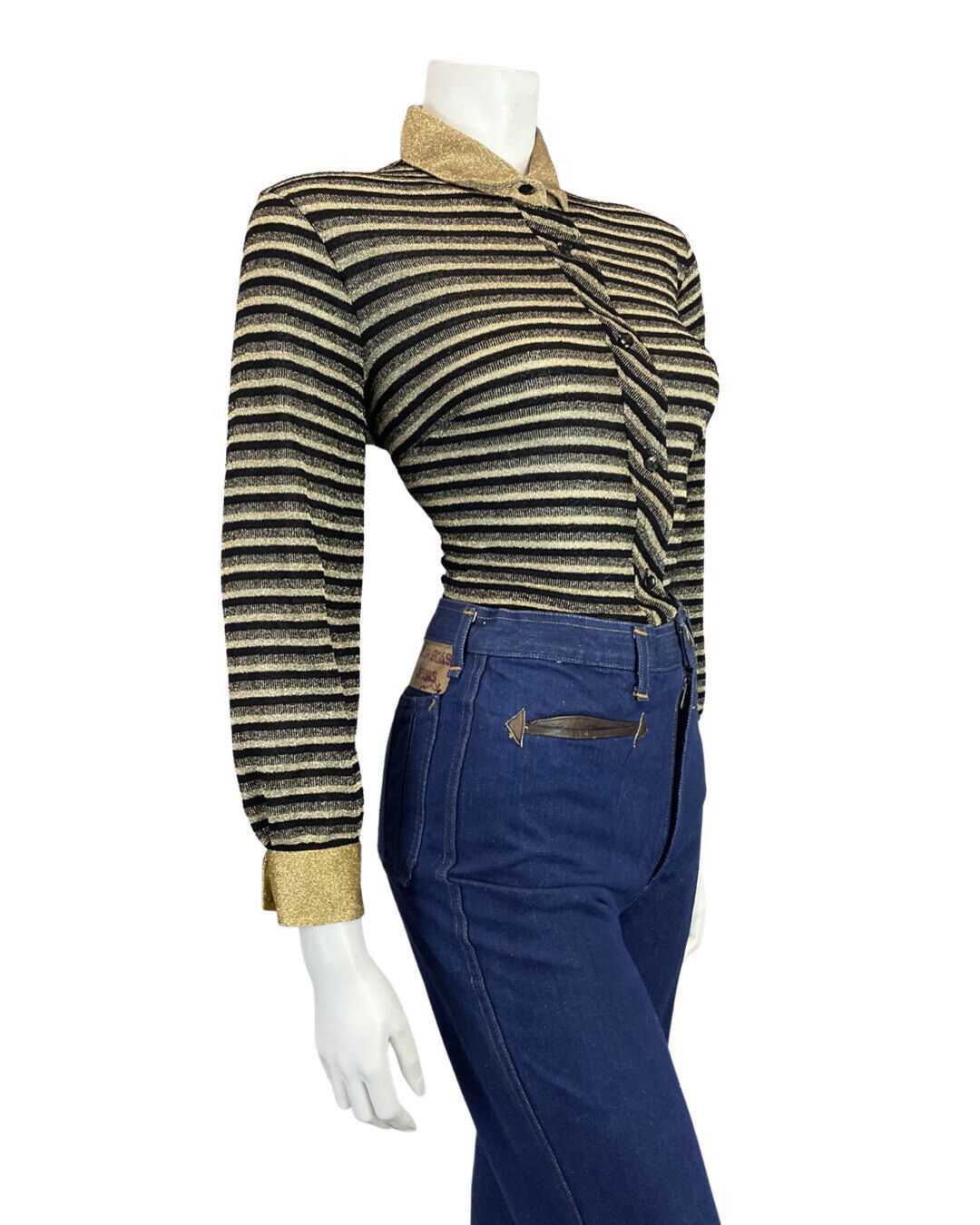 VINTAGE 60s 70s BLACK GOLD STRIPED DISCO PARTY MOD LUREX BLOUSE SHIRT 12 14