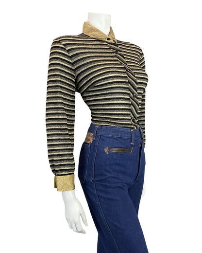 VINTAGE 60s 70s BLACK GOLD STRIPED DISCO PARTY MOD LUREX BLOUSE SHIRT 12 14
