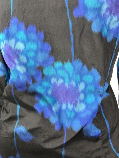 VINTAGE 60s 70s BLACK BLUE PURPLE FLORAL PSYCHEDELIC RUFFLE COLLAR DRESS 14 16