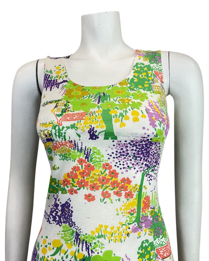 VINTAGE 60s 70s WHITE GREEN PURPLE FLORAL TREE COTTAGE SUMMER SHORT DRESS 8