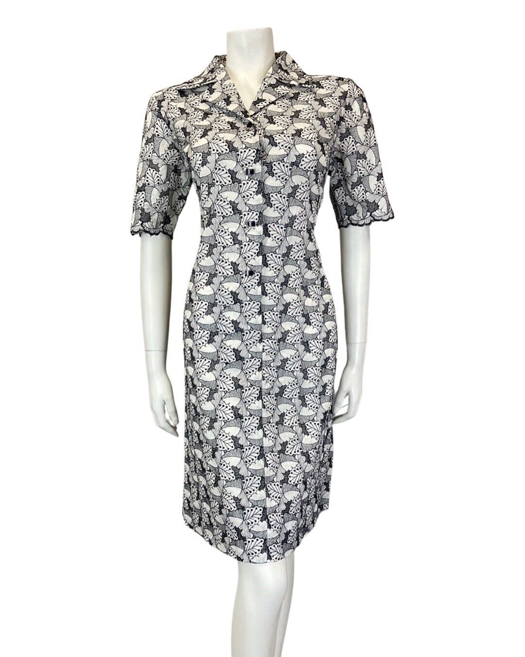 VINTAGE 60s 70s BLACK WHITE EMBROIDERED LEAFY FLORAL MOD SHIRT DRESS 12 14