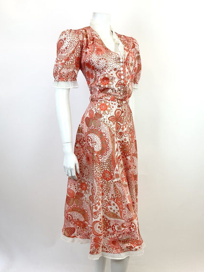 VTG 60s 70s RED WHITE ORANGE PSYCHEDELIC FLORAL DAISY RUFFLE SWING DRESS 14 16