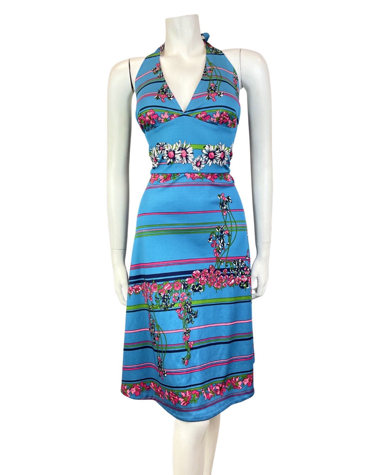 VINTAGE 60s 70s BLUE PINK WHITE FLORAL DAISY STRIPED SUMMER HALTER DRESS 12 14