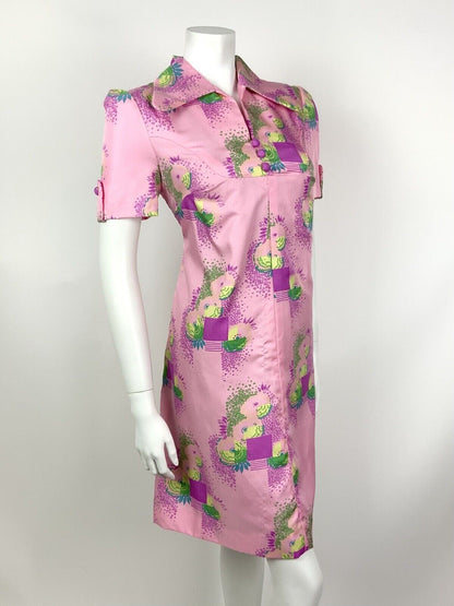 VTG 60s 70s PSYCHEDELIC PINK PURPLE BLUE GREEN SQUARE FLORAL SHIRT DRESS 12