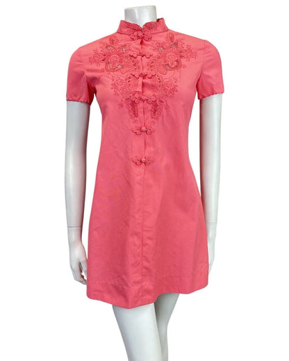 VTG 60s STYLE 90s CORAL PINK FLORAL EMBROIDERED CHEONGSAM QIPAO SHORT DRESS 8