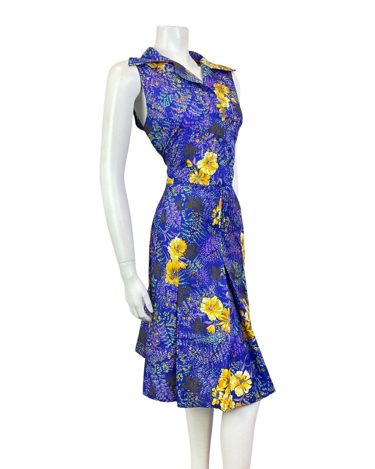 VINTAGE 60s 70s BLUE PURPLE YELLOW FLORAL DAGGER COLLAR SHIRT DRESS 12 14