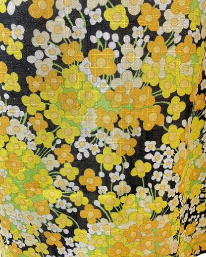 VINTAGE 60s 70s YELLOW BLACK WHITE DITSY DAISY FLORAL MOD SHORT DRESS 8 10