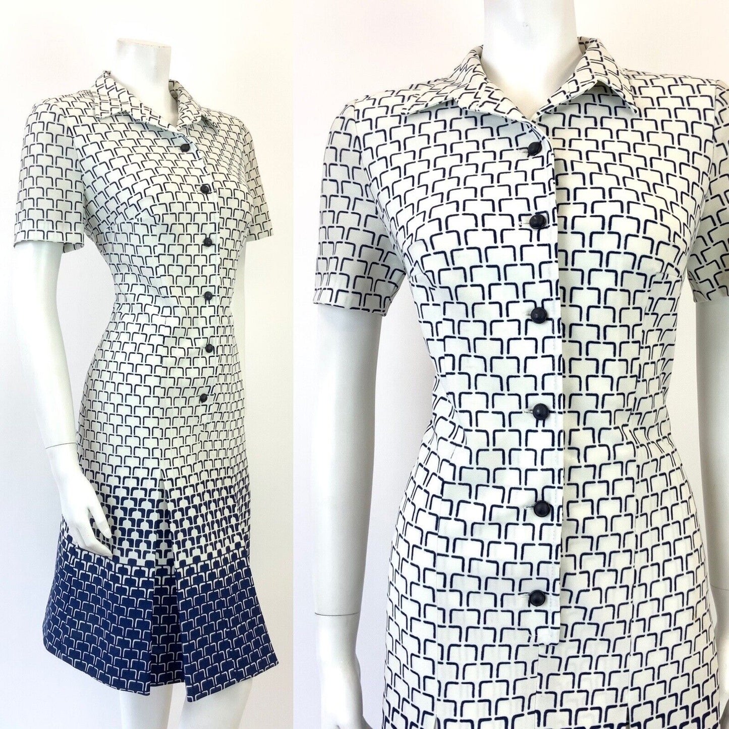 VINTAGE 60s 70s WHITE NAVY BLUE GEOMETRIC OP-ART FADE DAGGER SHIRT DRESS 12 14