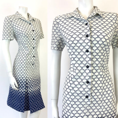 VINTAGE 60s 70s WHITE NAVY BLUE GEOMETRIC OP-ART FADE DAGGER SHIRT DRESS 12 14